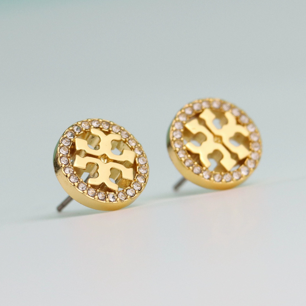 Tory Burch Gold Plated Copper Handmade Micro Set Full Rhinestone Earrings